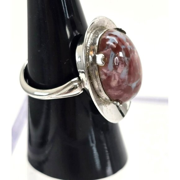 Sterling Silver Jasper Ring Cabachon Stone Hat Style Size 6.75 JJJ3779 - Picture 5 of 10